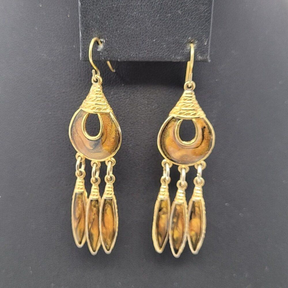 Vtg Berebi Signed‎ Gold Brown Enamel Articulating Dangle Earrings Feather Boho